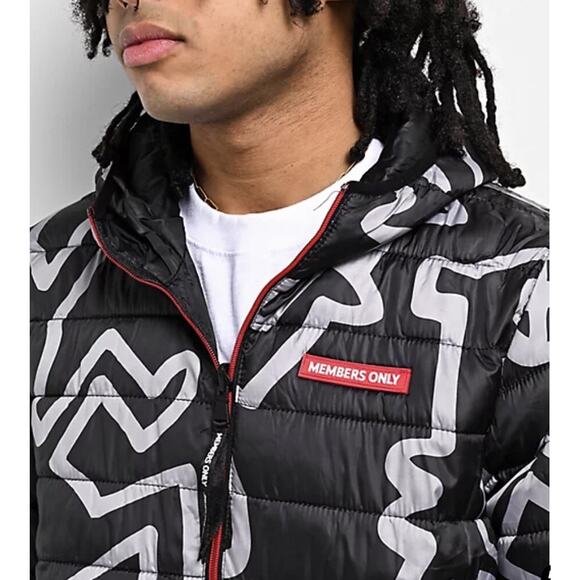 Keith Haring x Members Only Mens Reversible Black Print Puffer Jacket Size S Y2K - Picture 6 of 10